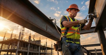 Construction worker in harness and hard hat clipping lanyard to anchor point on steel structure at height on a Canadian construction site