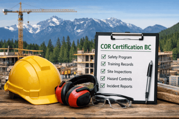 COR Certification BC checklist and PPE on a British Columbia construction site with mountains in the backgroun