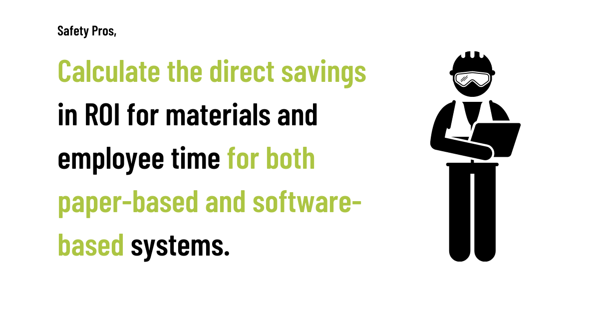 Calculate the direct savings in ROI for materials and employee time for both paper-based and software-based systems.