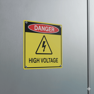 close-up photo of a yellow ‘High Voltage’ warning sign on a clean industrial metal electrical panel. 