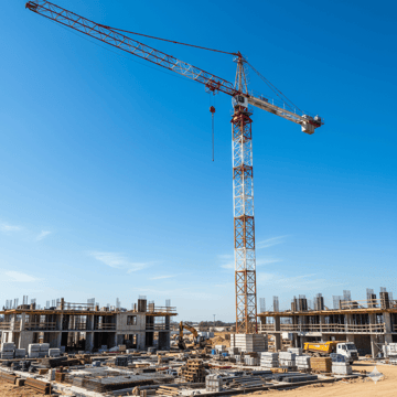 Tower crane on a construction site viewed from a distance against a clear sky.