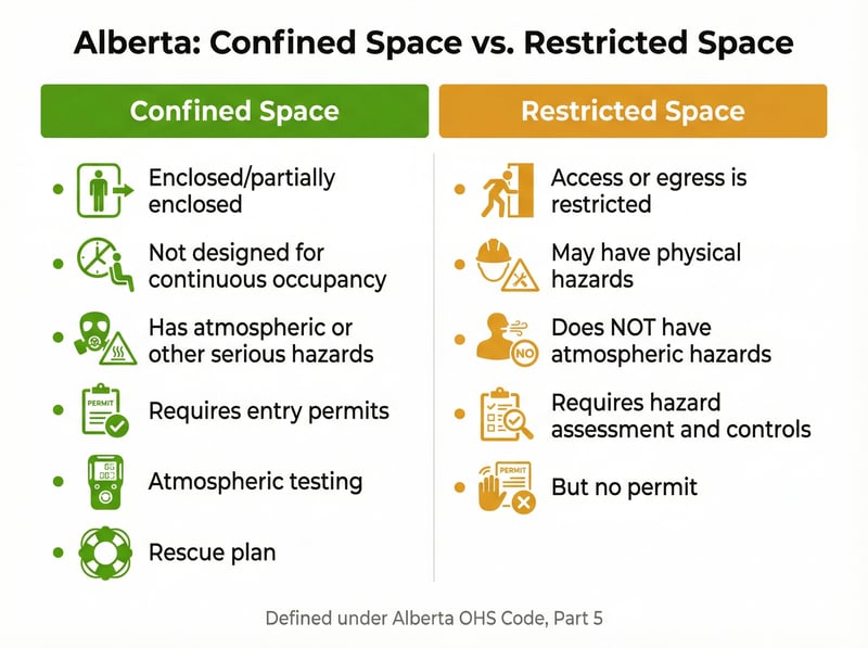 Comparison chart showing Alberta OHS Code distinction between confined spaces and restricted spaces with different definitions and requirements