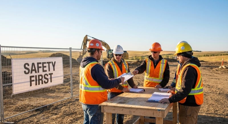 Alberta construction workers conducting a pre-job safety meeting on site