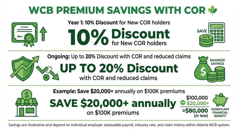 Infographic showing Alberta WCB premium savings through COR certification: 10% Year 1 discount, up to 20% ongoing, example of $20,000+ savings on $100K premiums