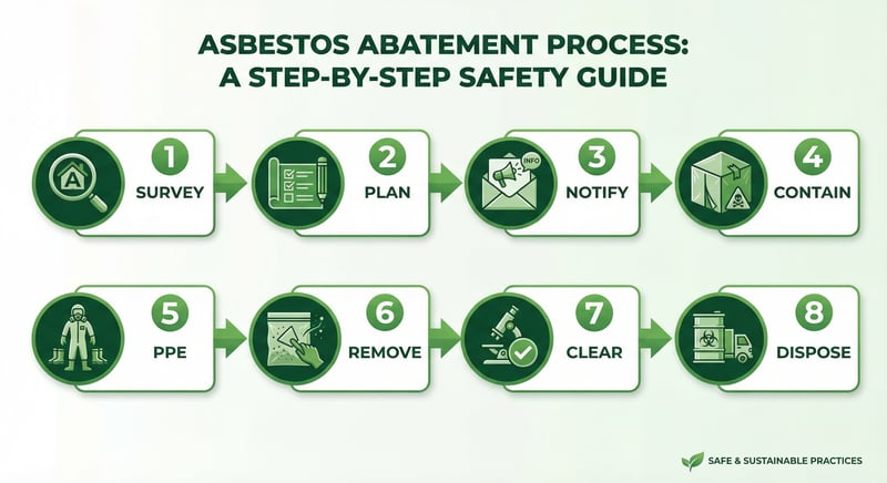Step-by-step asbestos abatement process diagram showing survey, plan, notification, containment, removal, decontamination, clearance, and disposal