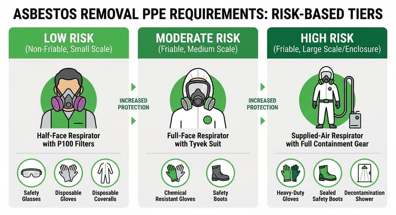 Asbestos PPE requirements by risk level showing the escalation from basic coveralls and half-face respirator for low risk to full containment gear for high risk