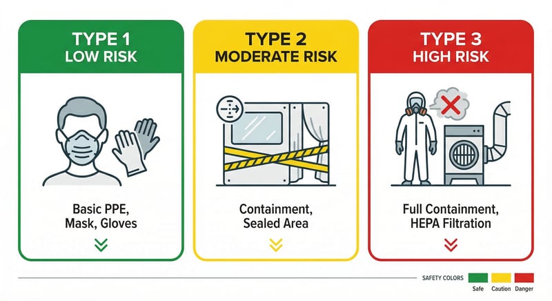 Asbestos risk levels comparison showing Type 1 low risk, Type 2 moderate risk, and Type 3 high risk abatement categories with required controls for each