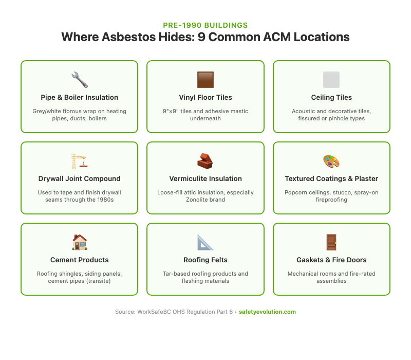 Infographic showing 9 common locations where asbestos-containing materials are found in buildings constructed before 1990