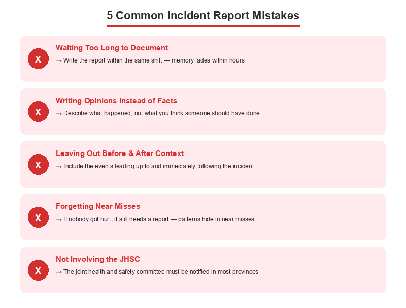 Five common incident report mistakes to avoid: waiting too long, writing opinions, leaving out context, forgetting near misses, and not involving the joint health and safety committee