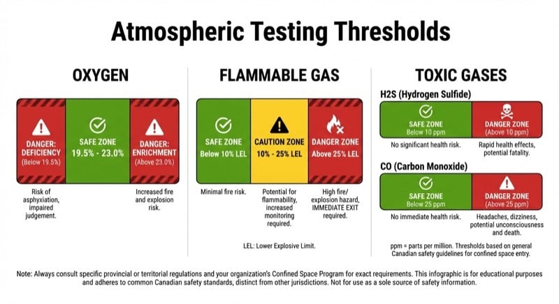 Atmospheric testing thresholds showing oxygen, flammable gas, and toxic gas limits for confined space entry