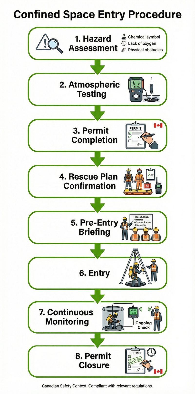 Flowchart showing the step-by-step confined space entry procedure from hazard assessment through permit closure