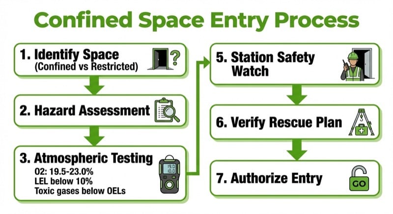 Flowchart showing the confined space entry permit process for Canadian construction sites