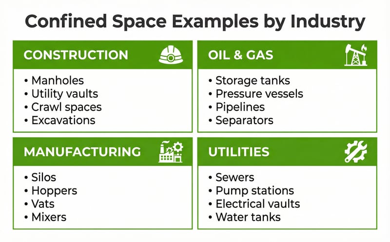 Grid showing common confined space examples organized by industry including construction, oil and gas, manufacturing, and utilities