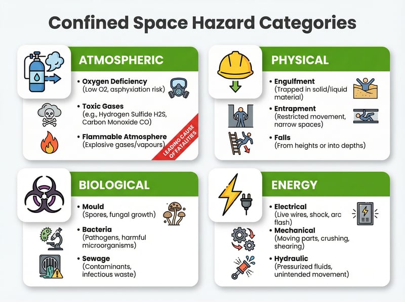 Infographic showing four categories of confined space hazards: atmospheric, physical, biological, and energy-related with fatality contribution