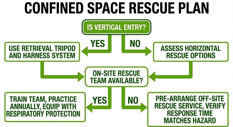 Decision flowchart for confined space rescue planning showing on-site vs off-site rescue options