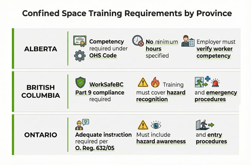 Quick reference chart showing confined space training requirements by Canadian province for Alberta, British Columbia, and Ontario