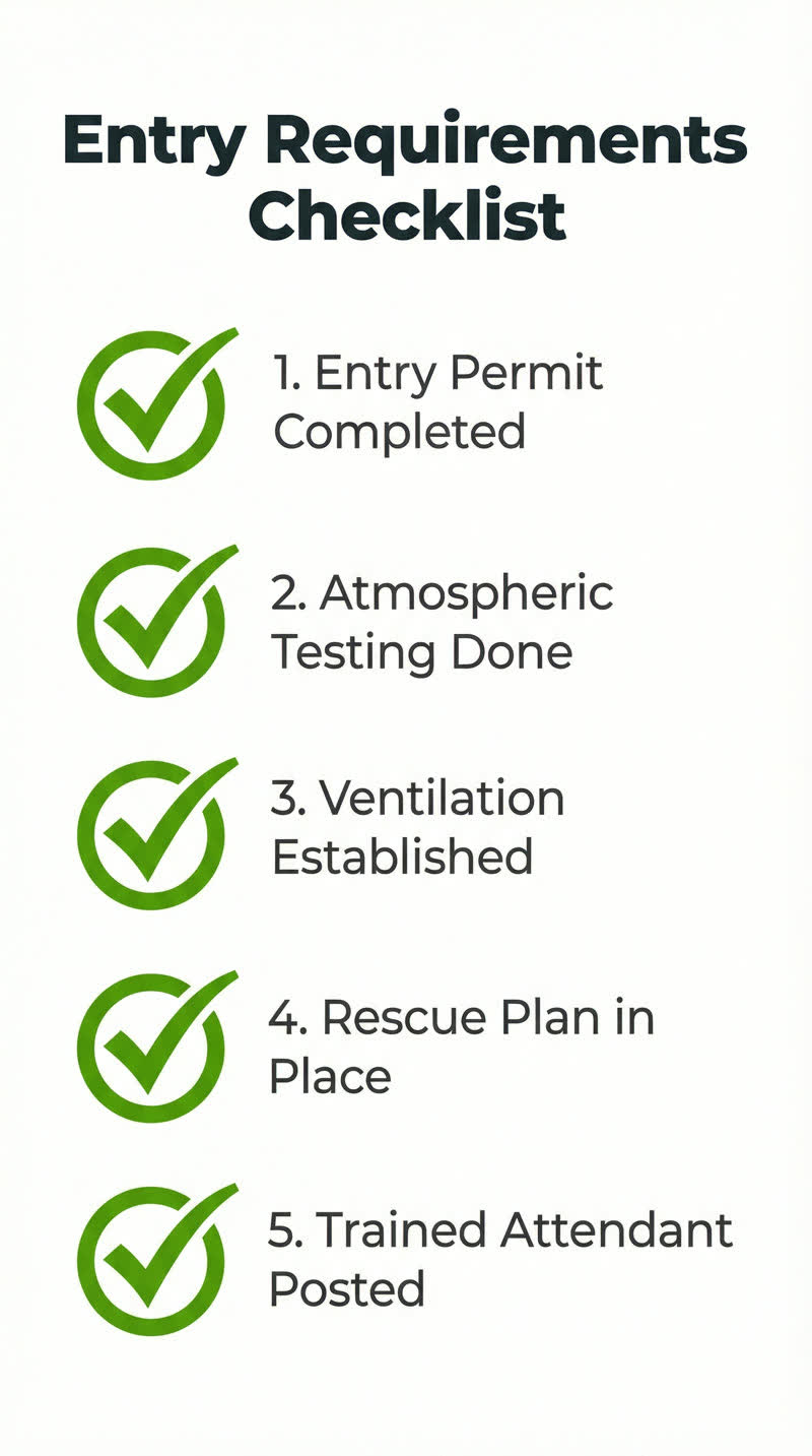 Confined space entry requirements checklist showing five essential steps before entering a confined space