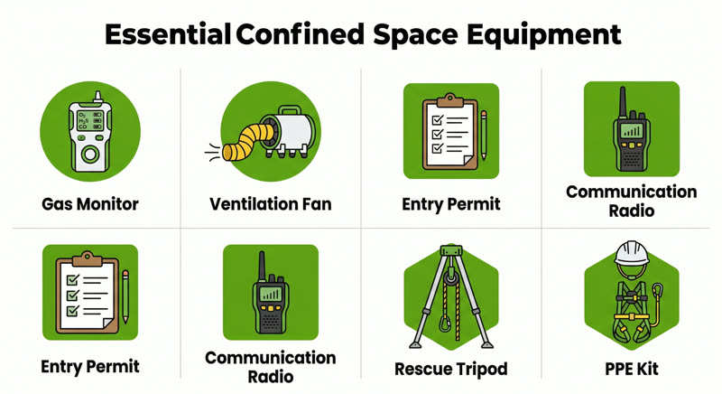 Essential confined space entry equipment including gas monitor, ventilation fan, entry permit, communication radio, rescue tripod, and PPE kit