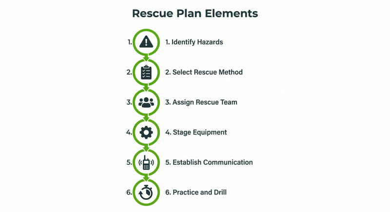 Six key elements of a confined space rescue plan: identify hazards, select rescue method, assign team, stage equipment, establish communication, practice drills