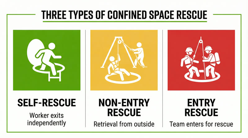Three types of confined space rescue: self-rescue, non-entry rescue, and entry rescue with visual comparison