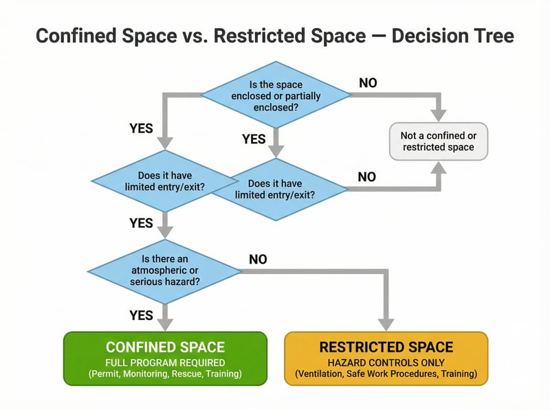 Decision tree flowchart helping workers classify a space as confined or restricted on a jobsite based on enclosure, entry limitations, and hazard type