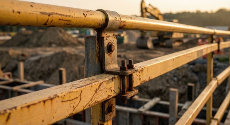 Close-up photo of a construction site guardrail system showing the metal top rail and connection brackets