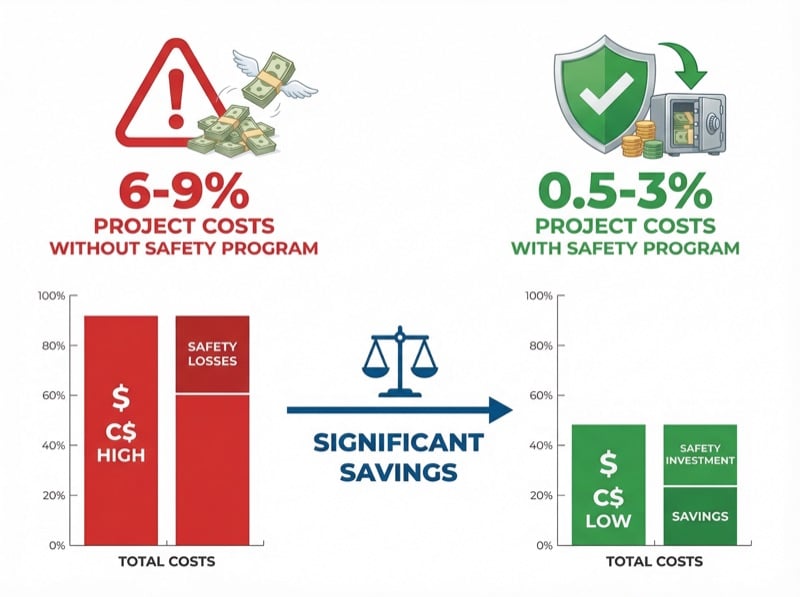 Construction safety program cost comparison showing 6-9% project costs without a program versus 0.5-3% with an effective safety management system