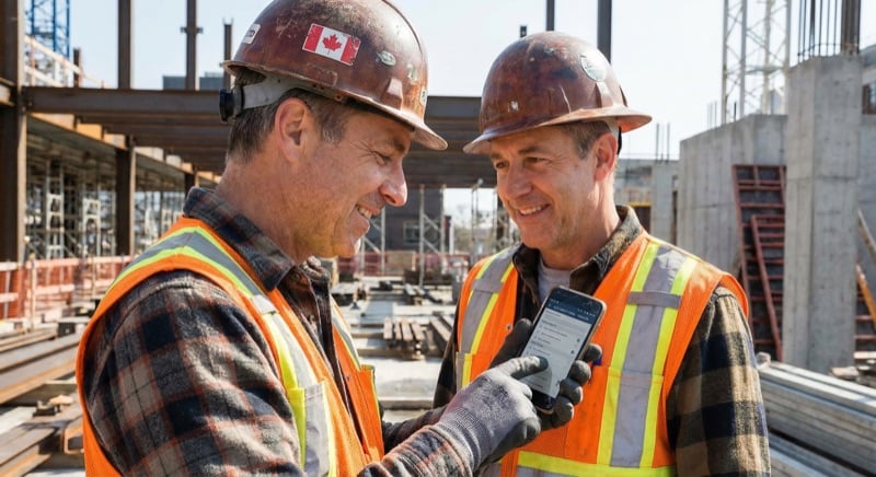 Construction worker using a mobile phone to complete a digital safety form on site, replacing paper-based safety documentation