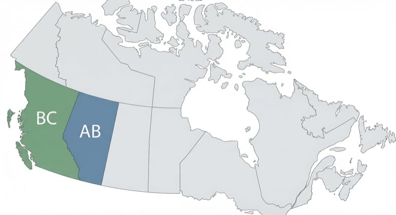 Map of Canada highlighting Alberta and British Columbia provinces for construction safety regulation comparison