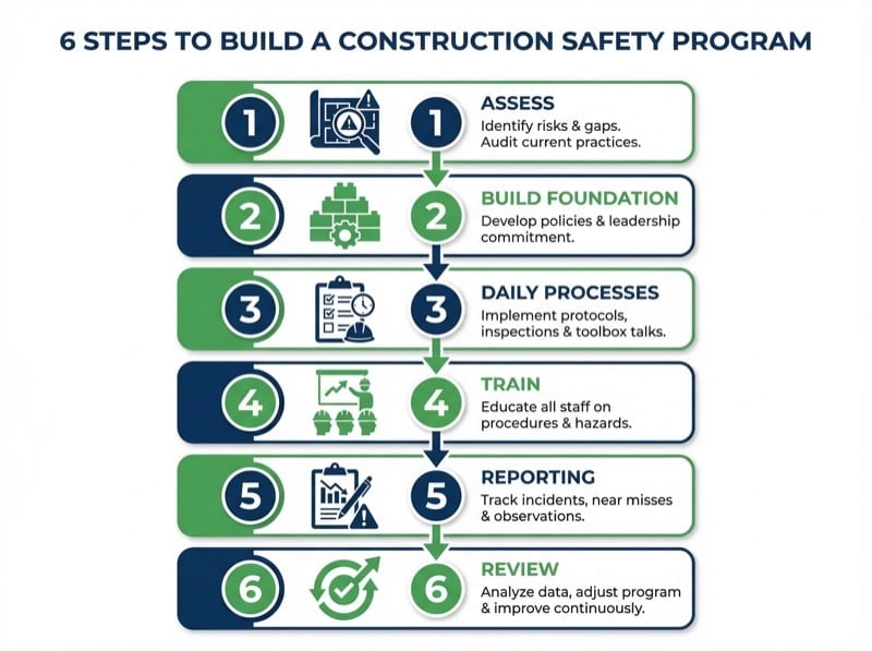 6 steps to build a construction safety program: assess, build foundation, daily processes, train, reporting, and review