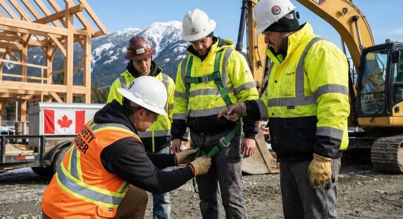 Construction supervisor demonstrating proper harness use to workers on a Canadian construction site for safety competency verification