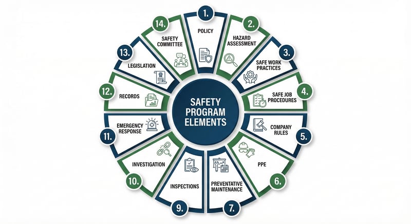 Infographic showing the 14 core elements of a COR-ready construction safety program