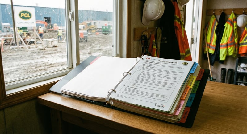 Construction safety program binder open on a desk in a construction site office trailer with safety documents and tabs visible