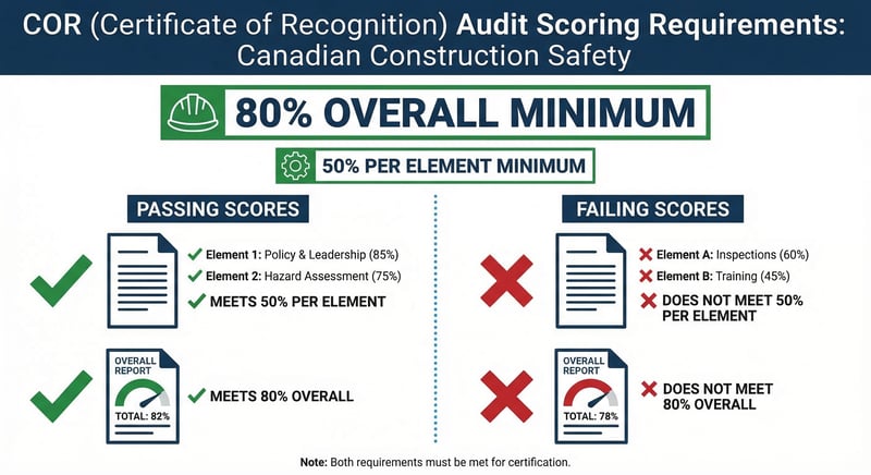Infographic showing COR audit scoring requirements: 80 percent overall minimum and 50 percent per element minimum