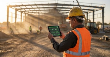 Construction site supervisor reviewing safety software on a tablet at an active commercial building site during golden hour