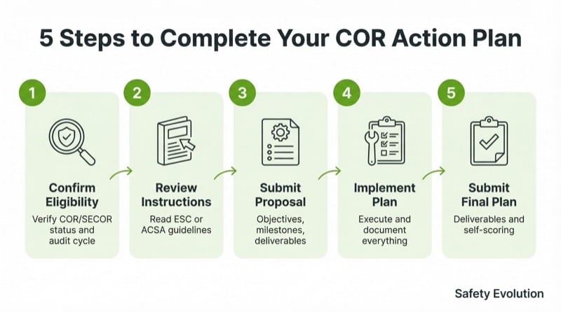 Five-step COR Action Plan process flow diagram: 1 Confirm Eligibility, 2 Review Instructions, 3 Submit Proposal for Approval, 4 Implement the Plan, 5 Submit Completed Plan