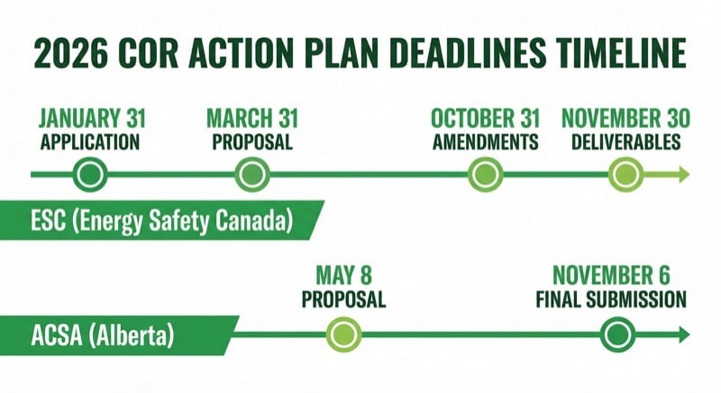 2026 COR Action Plan deadlines timeline showing ESC dates (January 31, March 31, October 31, November 30) and ACSA dates (May 8 proposal, November 6 final submission)