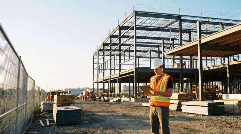 Construction worker in hi-vis vest and hard hat reviewing safety documentation on a Canadian construction site