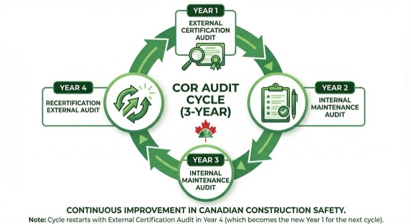 COR audit 3-year cycle showing external audit in year 1, internal maintenance in years 2 and 3, and recertification in year 4
