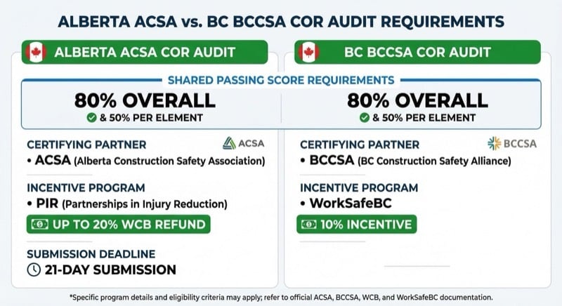 Comparison of COR audit requirements between Alberta ACSA and BC BCCSA including passing scores and WCB incentive details
