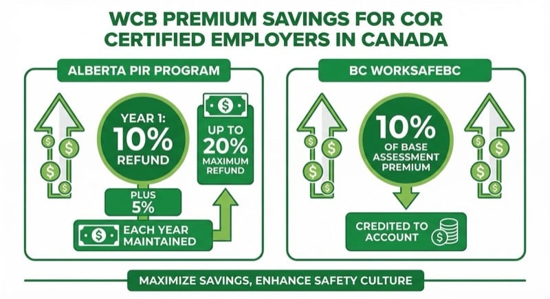WCB premium savings comparison for COR certified employers in Alberta and BC showing refund percentages