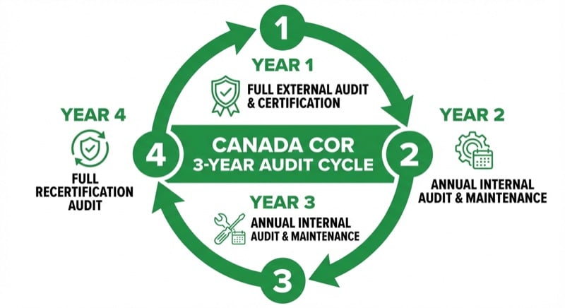 Diagram showing the COR 3-year audit cycle in Canada: Year 1 full external audit, Years 2-3 annual internal audits, Year 4 full recertification