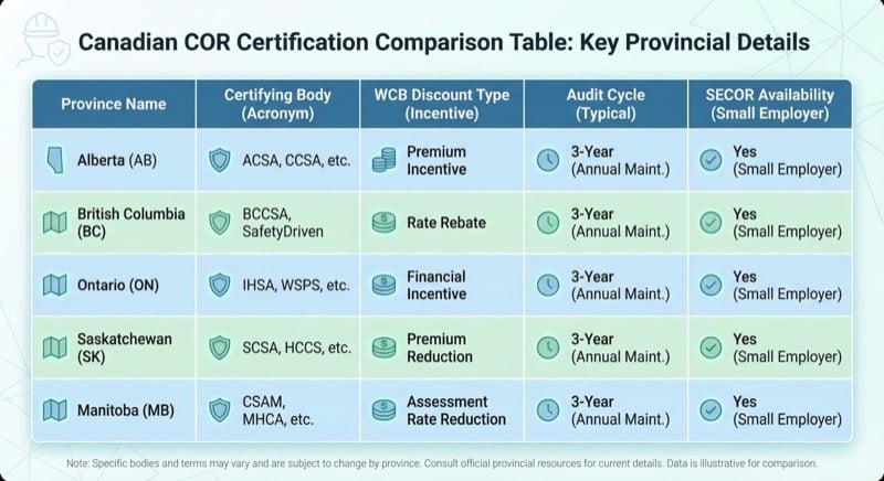 Comparison chart of COR certification requirements across Canadian provinces including Alberta, British Columbia, Nova Scotia, and Ontario
