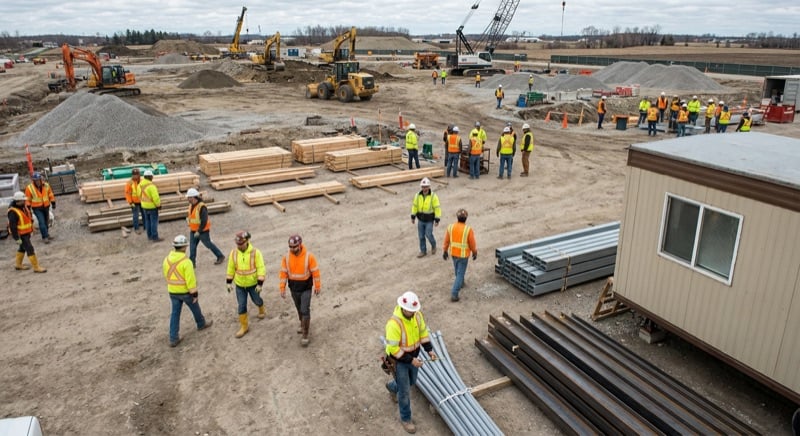 Elevated view of a Canadian construction site with organized materials staging, workers in hi-vis, and a portable office trailer
