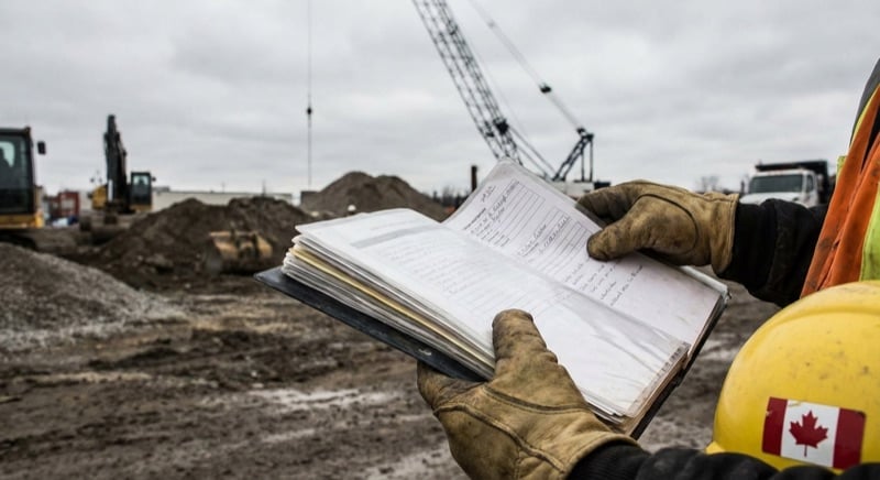 Close-up of a worker's gloved hands holding an open safety binder on a construction site with a crane in the background