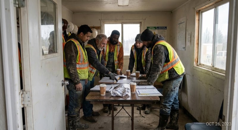 Construction crew in hi-vis vests gathered around a table in a job site trailer reviewing safety training manuals and binders