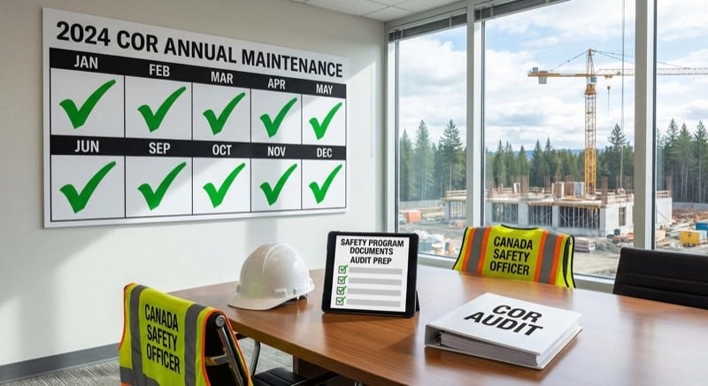 COR annual maintenance calendar showing year-round safety program documentation requirements for New Brunswick contractors