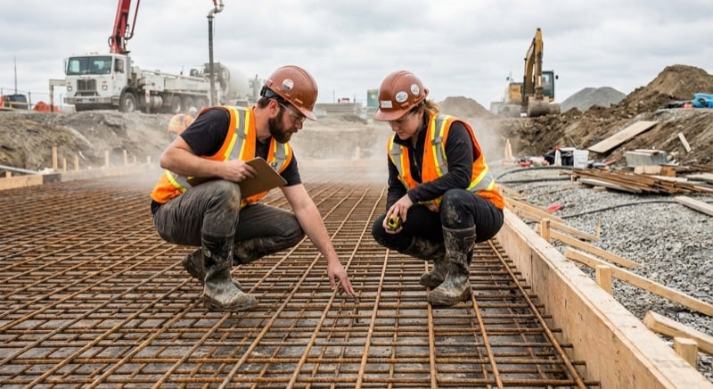 Two construction workers in hi-vis vests and hard hats crouching to inspect rebar at a concrete pour site in New Brunswick