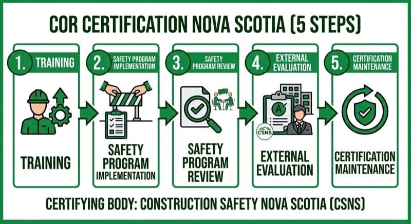 Infographic showing the 5 steps to COR certification in Nova Scotia through CSNS: Training, Implementation, Review, External Evaluation, and Maintenance