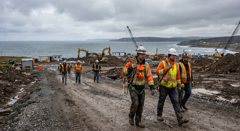 Construction workers walking along a coastal job site with the Atlantic ocean in the background under an overcast Maritime sky